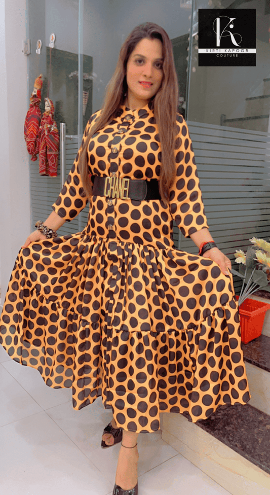 Mustard Polka Dots Maxi Dress - Kirti Kapoor Couture