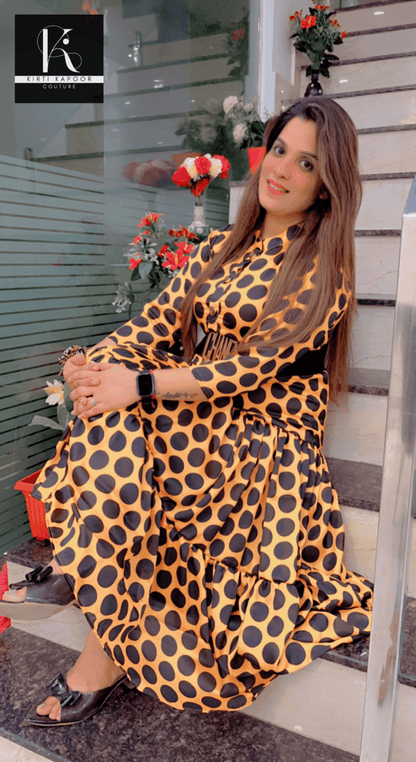 Mustard Polka Dots Maxi Dress - Kirti Kapoor Couture