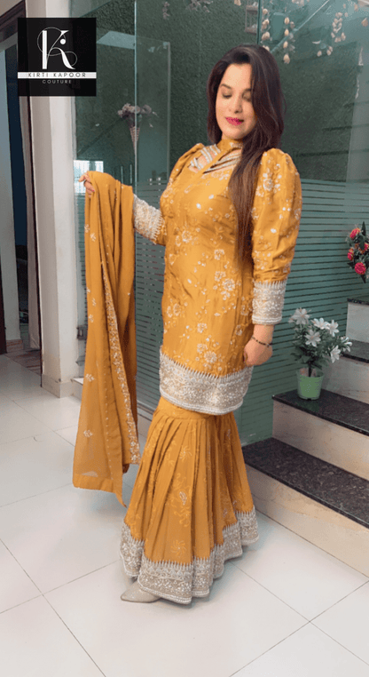Mustard Yellow Box - Plates Sharara Suit - Kirti Kapoor Couture