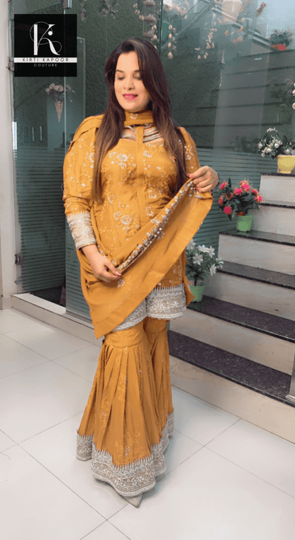 Mustard Yellow Box - Plates Sharara Suit - Kirti Kapoor Couture