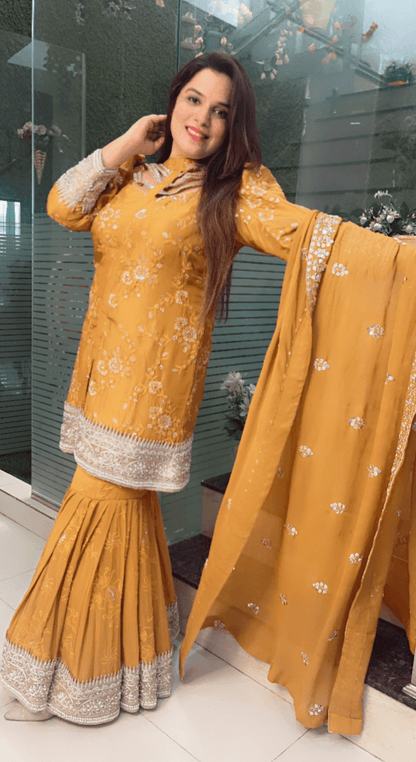 Mustard Yellow Box - Plates Sharara Suit - Kirti Kapoor Couture