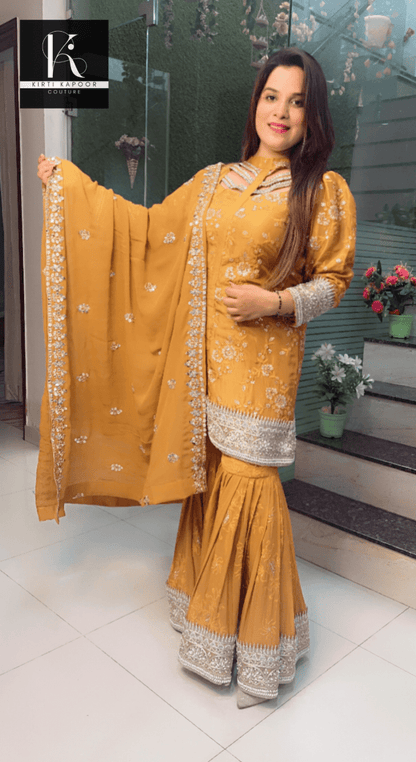 Mustard Yellow Box - Plates Sharara Suit - Kirti Kapoor Couture