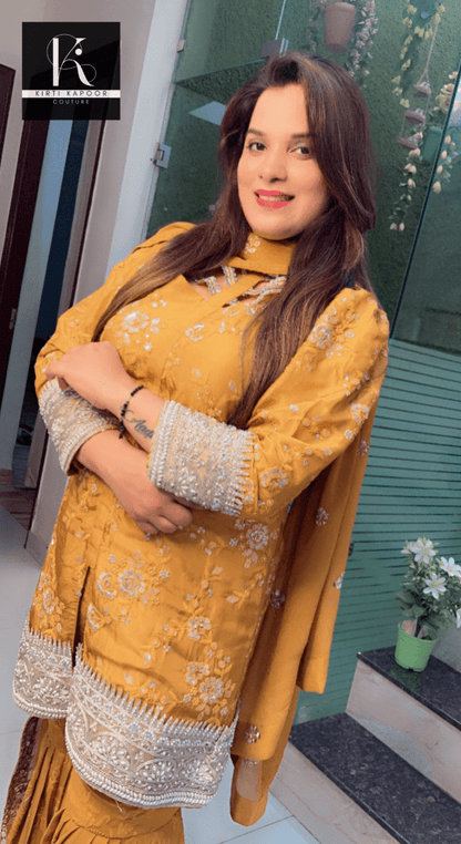 Mustard Yellow Box - Plates Sharara Suit - Kirti Kapoor Couture