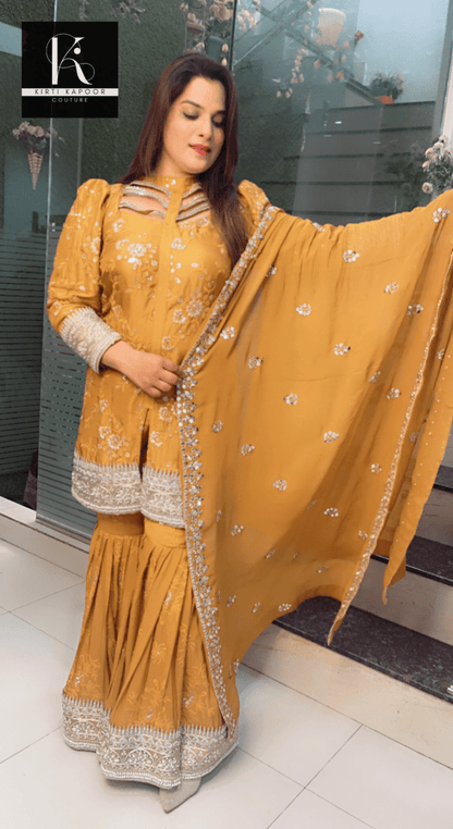 Mustard Yellow Box - Plates Sharara Suit - Kirti Kapoor Couture