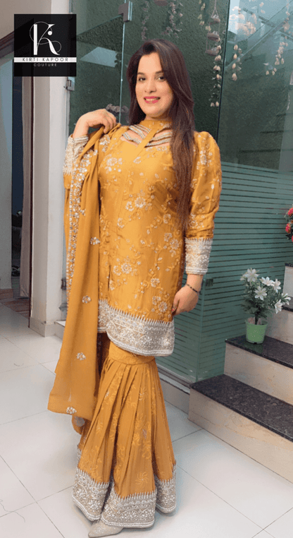 Mustard Yellow Box - Plates Sharara Suit - Kirti Kapoor Couture
