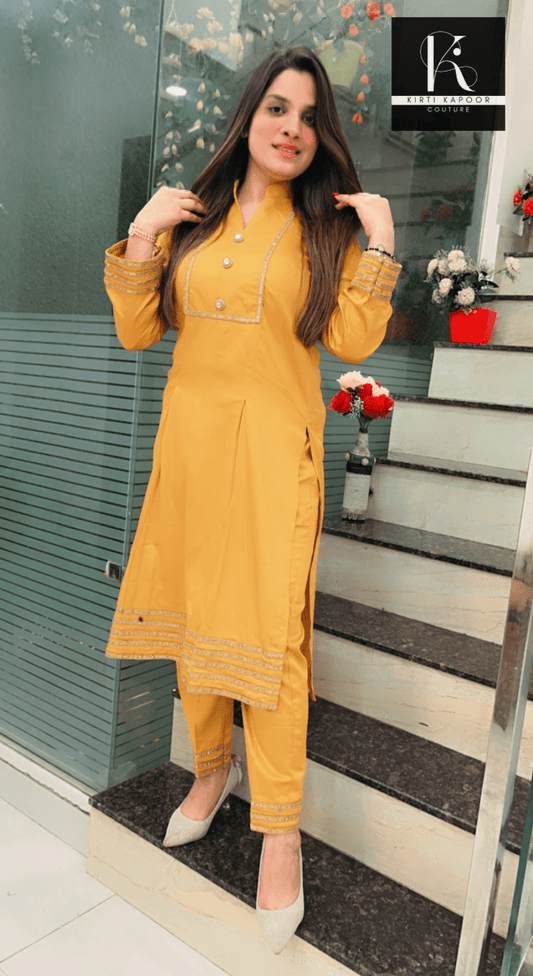 Mustard - Yellow Lace Worked Set - Kirti Kapoor Couture