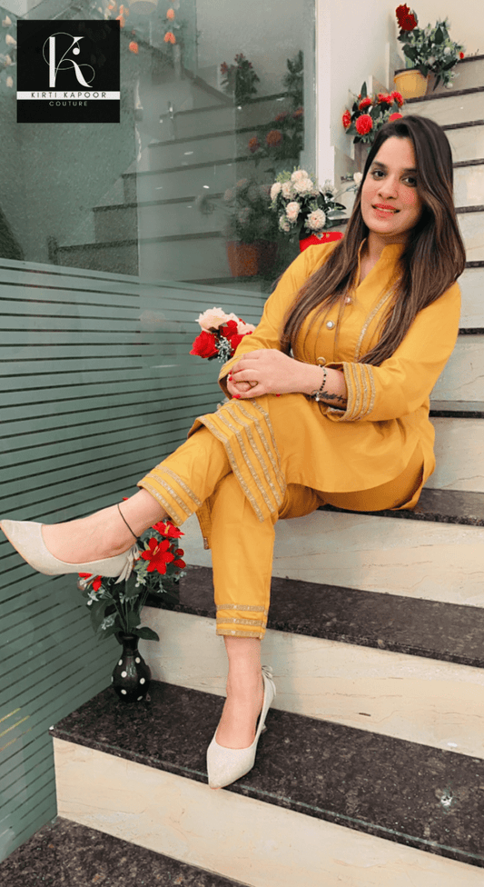 Mustard - Yellow Lace Worked Set - Kirti Kapoor Couture
