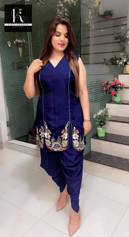 Navy Blue Hand - Embroidered Shirt with Dhoti - Kirti Kapoor Couture