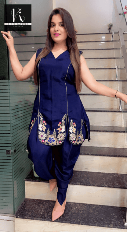Navy Blue Hand - Embroidered Shirt with Dhoti - Kirti Kapoor Couture
