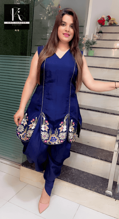 Navy Blue Hand - Embroidered Shirt with Dhoti - Kirti Kapoor Couture