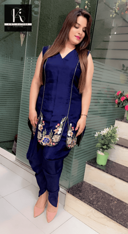 Navy Blue Hand - Embroidered Shirt with Dhoti - Kirti Kapoor Couture