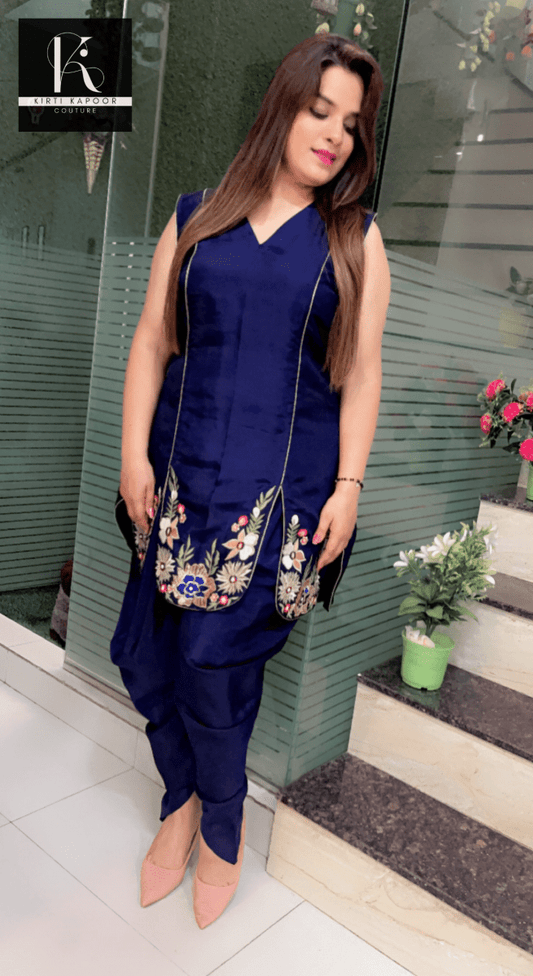 Navy Blue Hand - Embroidered Shirt with Dhoti - Kirti Kapoor Couture