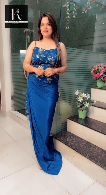 Navy Blue Sequence Drape cum Trail Dress - Kirti Kapoor Couture