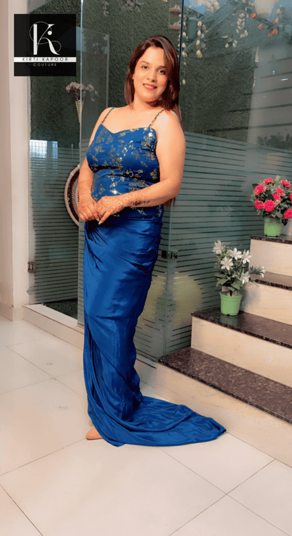 Navy Blue Sequence Drape cum Trail Dress - Kirti Kapoor Couture