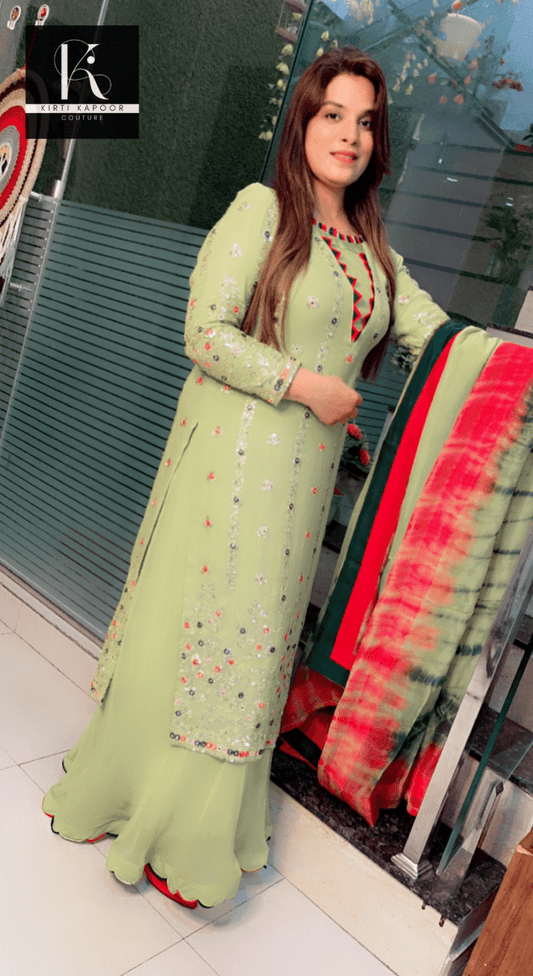 Neon Green Designer Georgette Suit (Teej Special Outfit) - Kirti Kapoor Couture