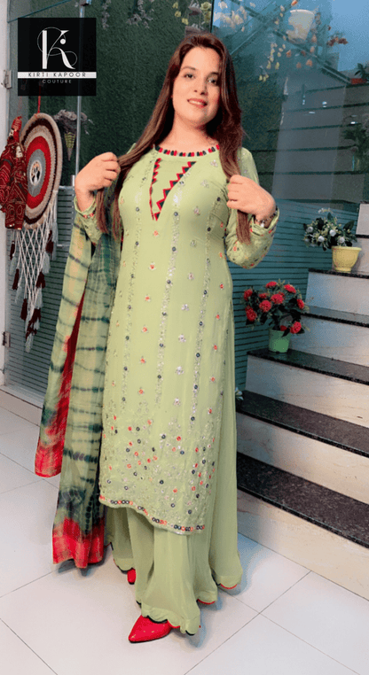 Neon Green Designer Georgette Suit (Teej Special Outfit) - Kirti Kapoor Couture