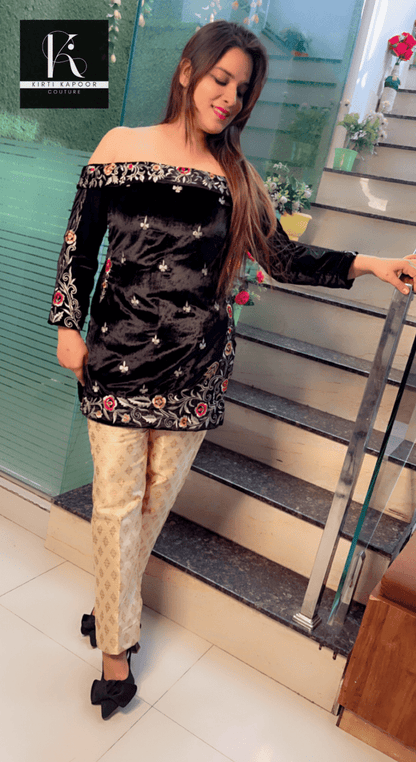 Off - shouldered black velvet embroidered shirt with brocade pant - Kirti Kapoor Couture