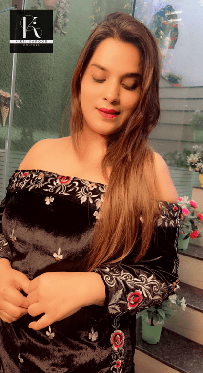 Off - shouldered black velvet embroidered shirt with brocade pant - Kirti Kapoor Couture