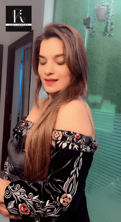 Off - shouldered black velvet embroidered shirt with brocade pant - Kirti Kapoor Couture