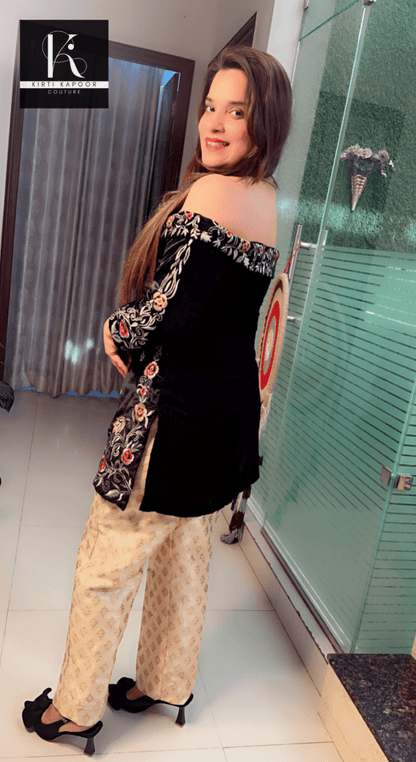 Off - shouldered black velvet embroidered shirt with brocade pant - Kirti Kapoor Couture