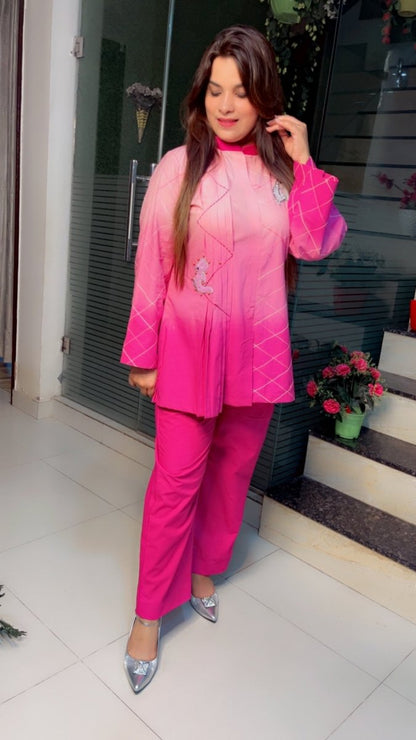 Ombre Printing Co - ord Set with Hand - Embroidered Patches and Anchor Work (New Launch) - Kirti Kapoor Couture