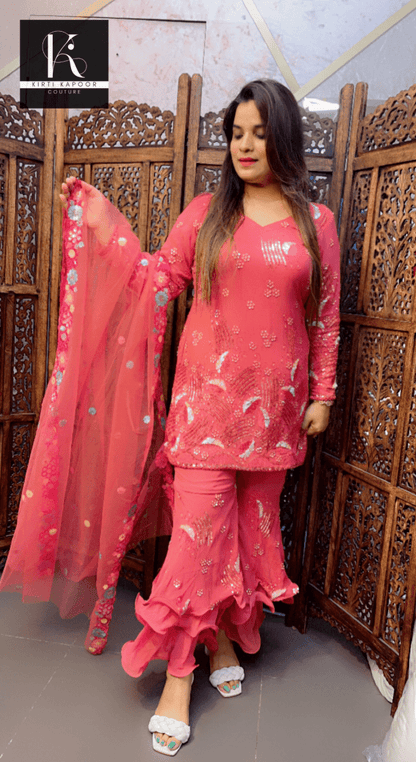 Onion Pink Worked Georgette Suit with Layered Plazo - Kirti Kapoor Couture
