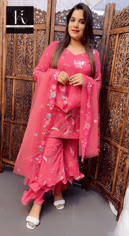 Onion Pink Worked Georgette Suit with Layered Plazo - Kirti Kapoor Couture