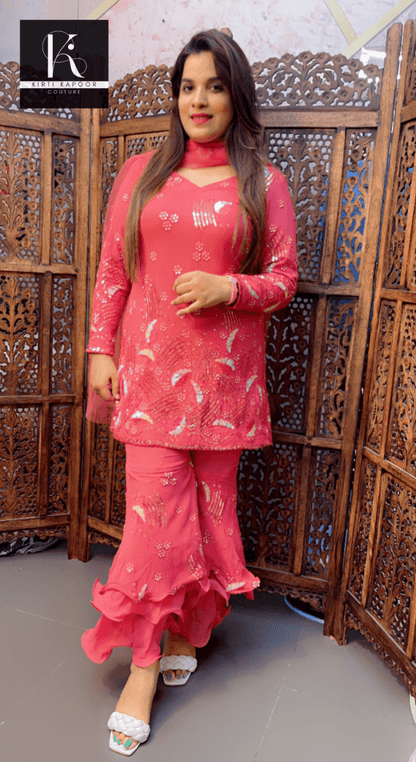 Onion Pink Worked Georgette Suit with Layered Plazo - Kirti Kapoor Couture