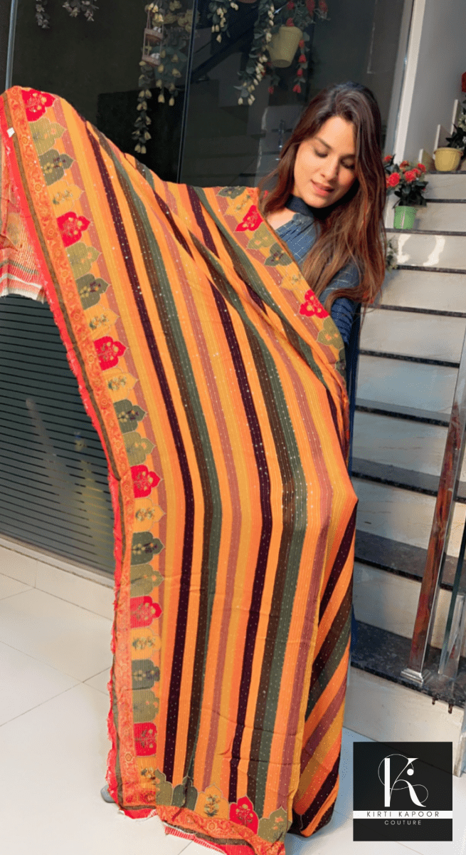 Orange Georgette Printed Sequence Dupatta - Kirti Kapoor Couture