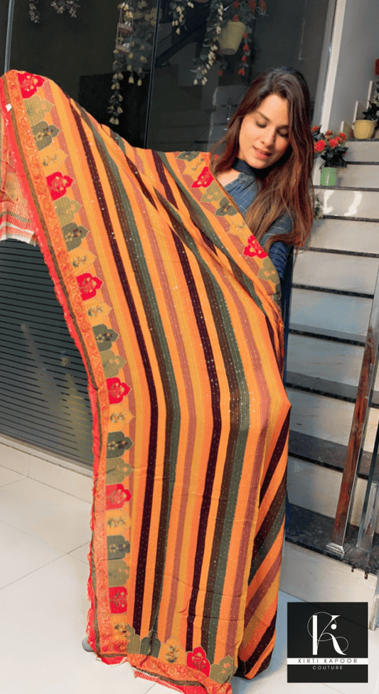 Orange Georgette Printed Sequence Dupatta - Kirti Kapoor Couture
