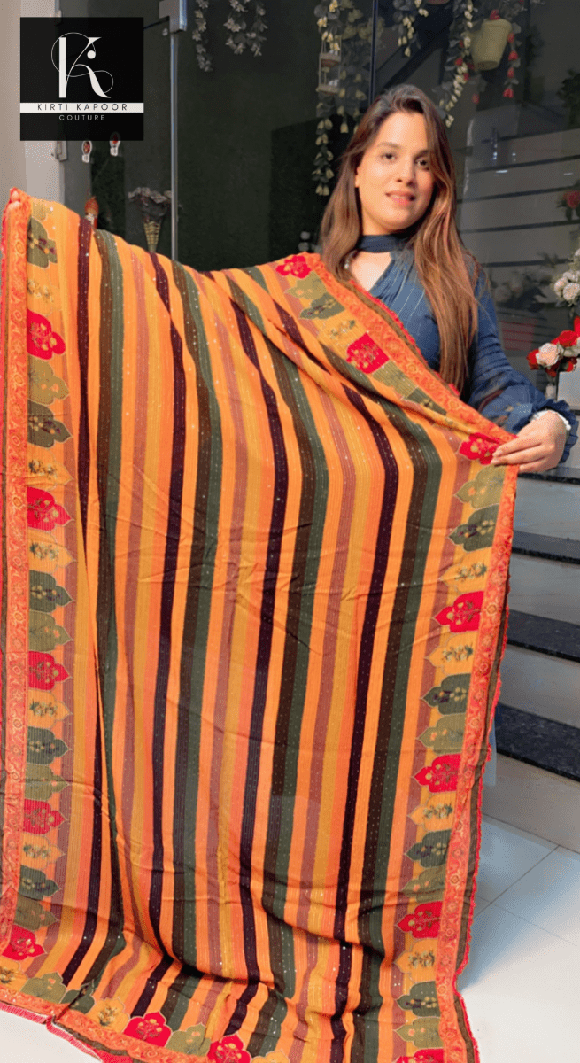 Orange Georgette Printed Sequence Dupatta - Kirti Kapoor Couture