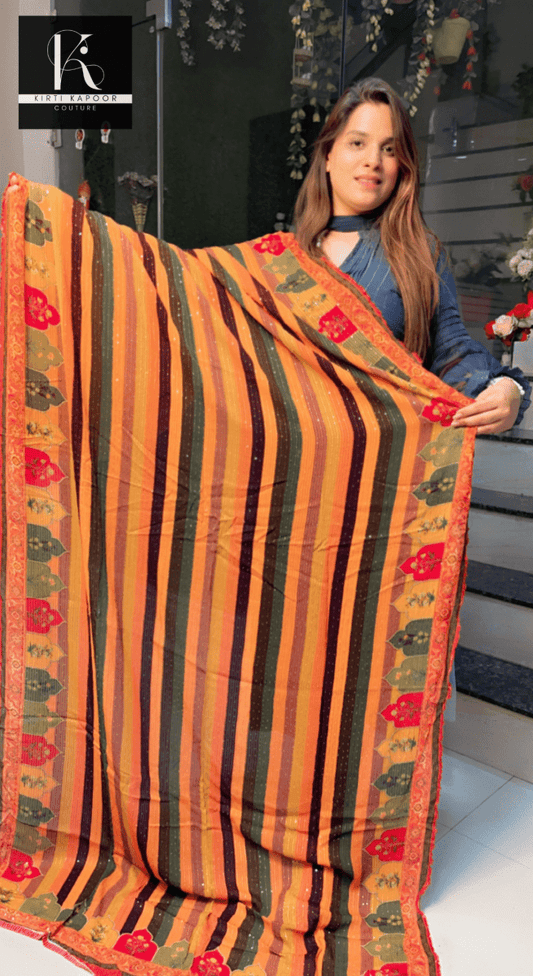 Orange Georgette Printed Sequence Dupatta - Kirti Kapoor Couture