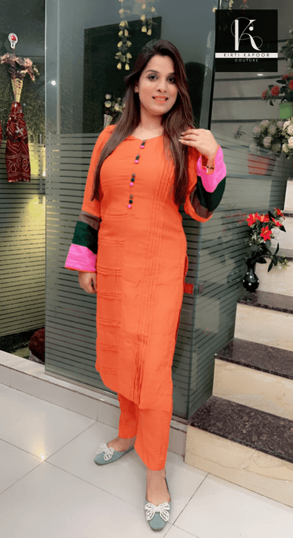 Orange Summer Co - ord Set (Tri - Color Sleeves) - Kirti Kapoor Couture