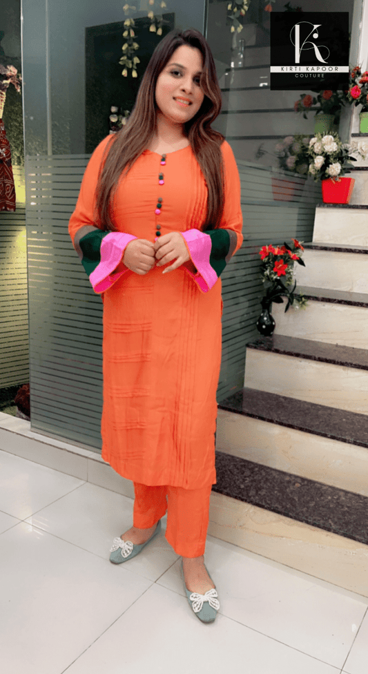 Orange Summer Co - ord Set (Tri - Color Sleeves) - Kirti Kapoor Couture
