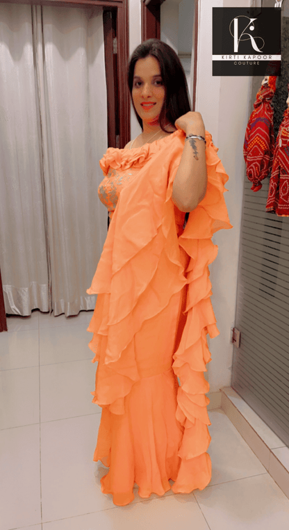 Orangish - Peach Flaired Saree by Kirti Kapoor - Kirti Kapoor Couture