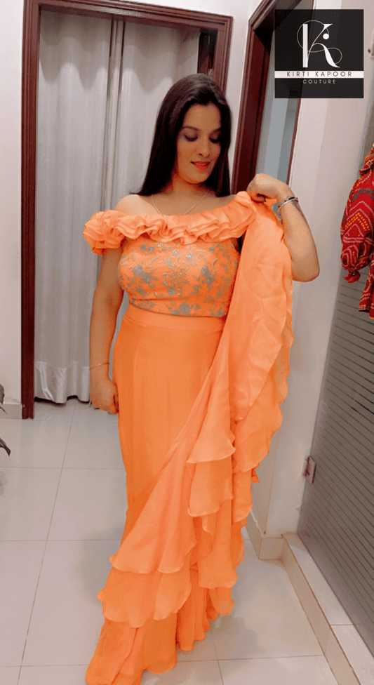 Orangish - Peach Flaired Saree by Kirti Kapoor - Kirti Kapoor Couture