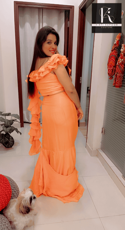 Orangish - Peach Flaired Saree by Kirti Kapoor - Kirti Kapoor Couture
