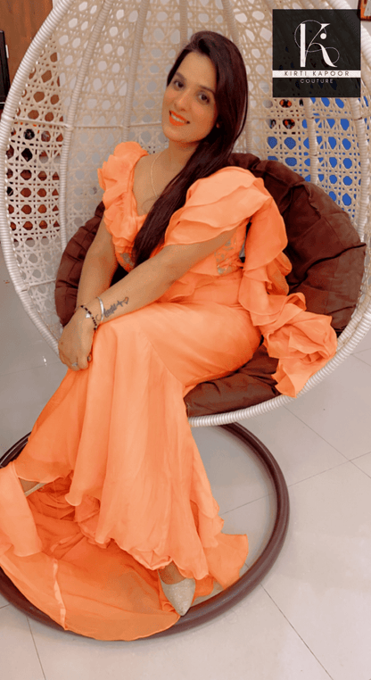 Orangish - Peach Flaired Saree by Kirti Kapoor - Kirti Kapoor Couture