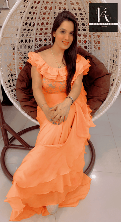 Orangish - Peach Flaired Saree by Kirti Kapoor - Kirti Kapoor Couture