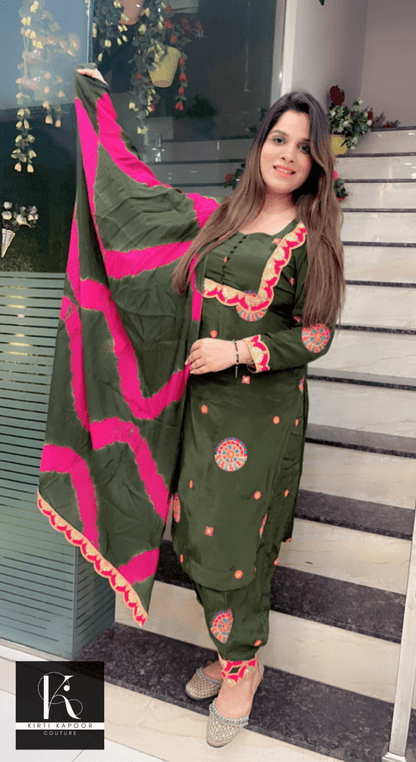 Overall Embroidered Salwar Suit (Green with Pink Highlights) - Kirti Kapoor Couture