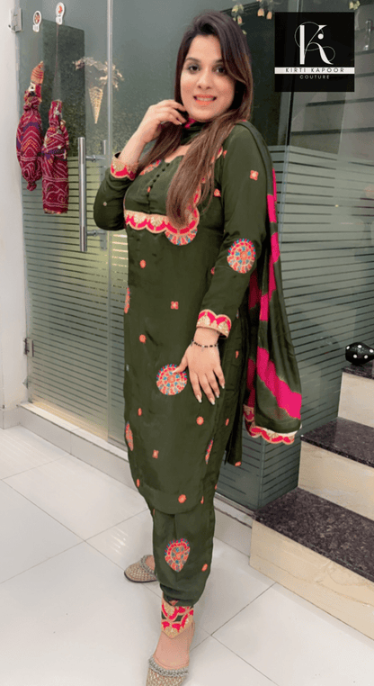 Overall Embroidered Salwar Suit (Green with Pink Highlights) - Kirti Kapoor Couture