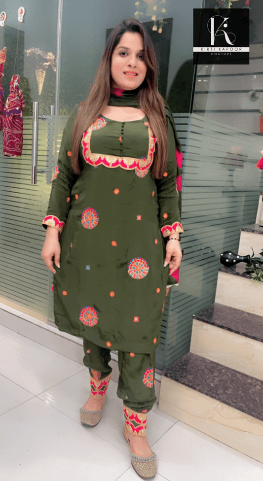 Overall Embroidered Salwar Suit (Green with Pink Highlights) - Kirti Kapoor Couture