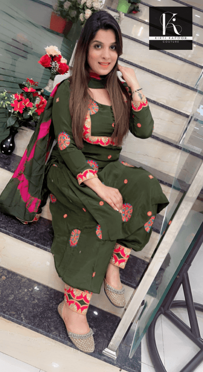 Overall Embroidered Salwar Suit (Green with Pink Highlights) - Kirti Kapoor Couture