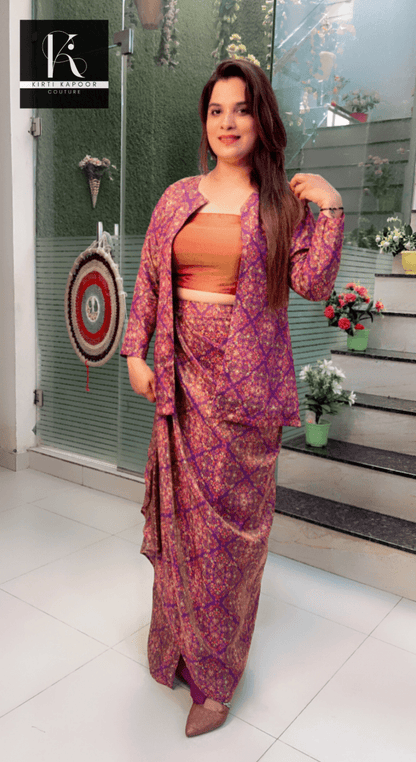 Overall Worked Shimmer Three Piece Drape Dress - Kirti Kapoor Couture