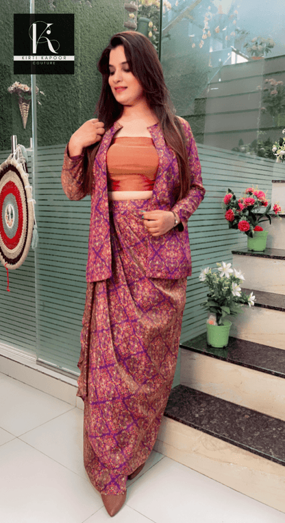 Overall Worked Shimmer Three Piece Drape Dress - Kirti Kapoor Couture