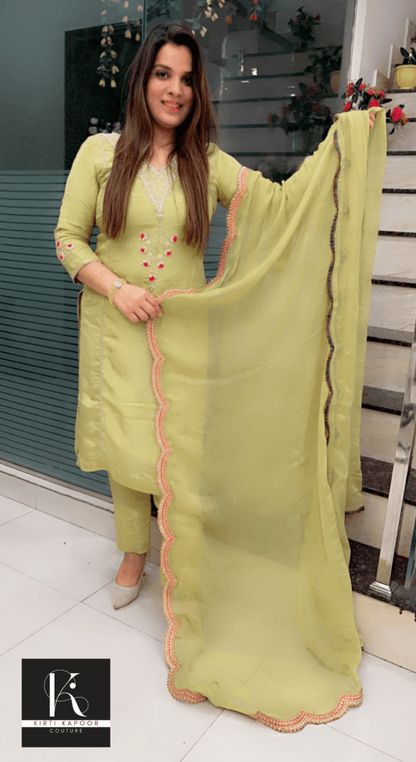 Parrot Green Embroidered Suit (With Hot Pink Highlights) - Kirti Kapoor Couture