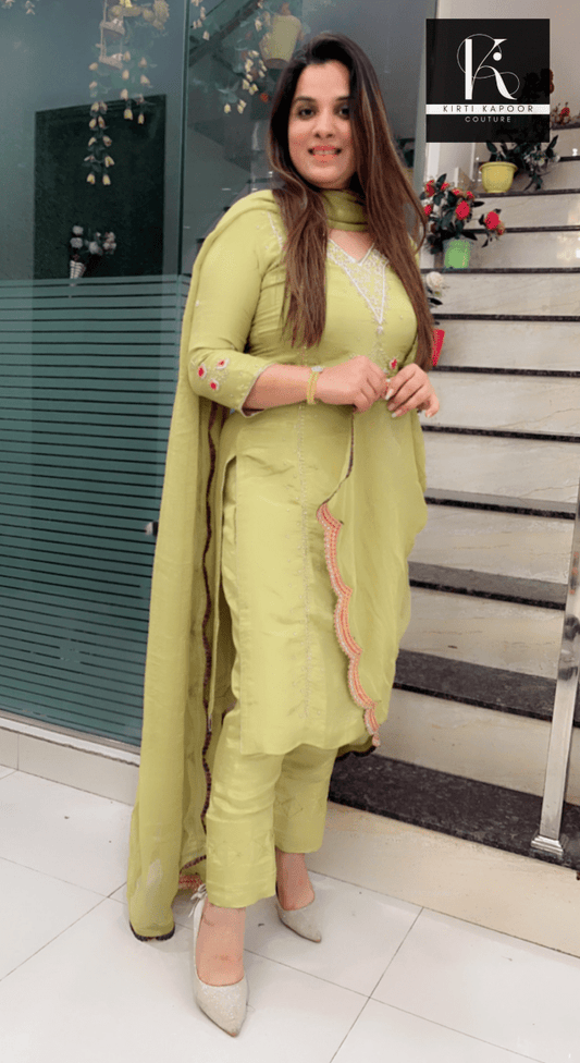 Parrot Green Embroidered Suit (With Hot Pink Highlights) - Kirti Kapoor Couture