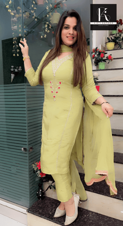Parrot Green Embroidered Suit (With Hot Pink Highlights) - Kirti Kapoor Couture