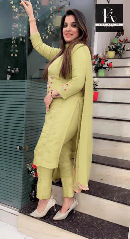 Parrot Green Embroidered Suit (With Hot Pink Highlights) - Kirti Kapoor Couture