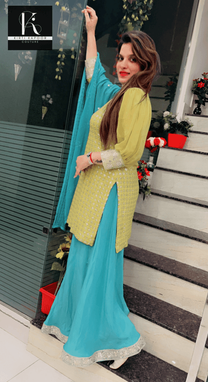 Partywear Embroidered Suit in Yellow and Blue Combination - Kirti Kapoor Couture